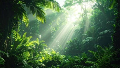 Lush Rainforest Canopy: Sunlight Streaming Through Tropical Foliage - Vibrant Green Jungle Scene for Nature & Travel