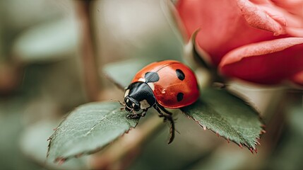 Brilliant red insect rests upon a textured green leaf beside a softly focused blossom