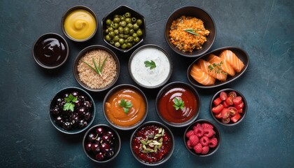 A Diverse Collection Of Gourmet Ingredients Including Sauces Dips Berries And Sliced Salmon Artfully Arranged On A Dark Textured Surface With A Shallow Depth Of Field And Soft Lighting