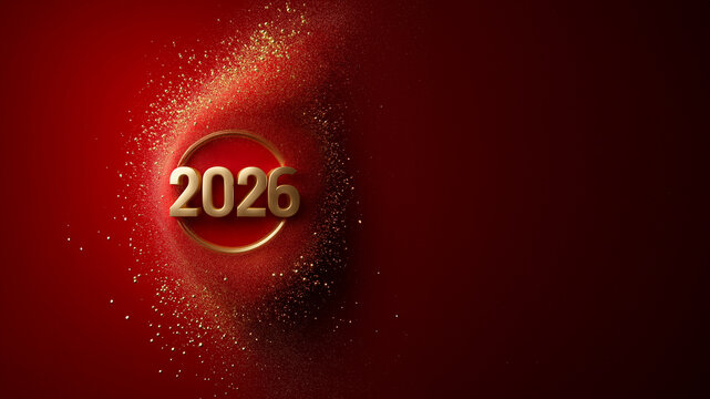 Goldene 2026 Jahreszahl mit funkelndem Feuerwerk auf rotem Hintergrund
