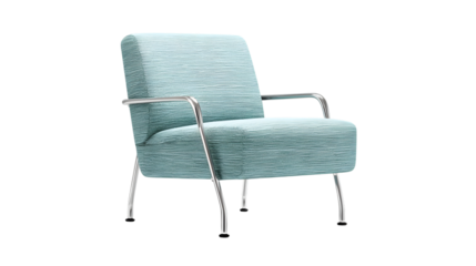 Modern light blue textured fabric armchair with sleek chrome frame accents. isolated on white background
