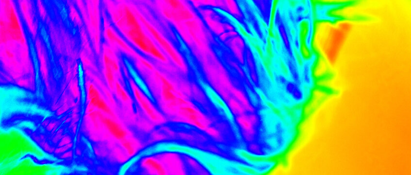 Vibrant colors gradient background with thermal heatmap effect, stains, splatters, liquid, fluid backdrop. Image from thermal imager device. Iridescent colors
