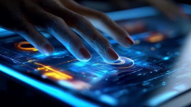 Hands interacting with illuminated digital interface