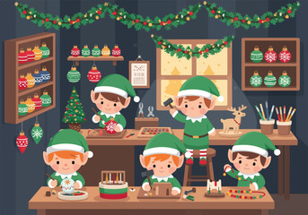Christmas Elf Ornament Workshop Cute Festive Vector Scene