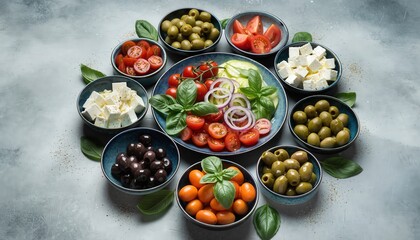 Arrangement of Sun-drenched Mediterranean Ingredients Including Feta Cheese Olives Tomatoes and Basil for a Vibrant Shared Dining Experience With Warm Lighting