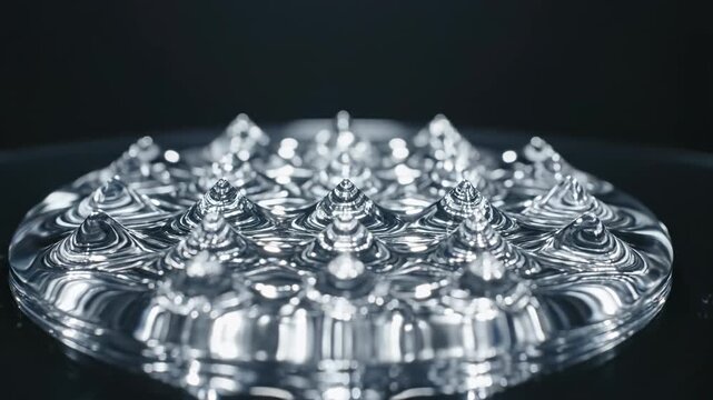 Ultra slow motion capture of viscous clear liquid oscillating on a vibrating surface generating sharp momentary Faraday waves abstract, viscous clear liquid oscillating, flow