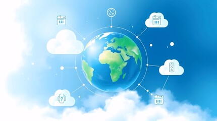 global cloud computing network with digital earth sphere surrounded by icons and data links symbolizing worldwide connectivity online systems and modern digital communication