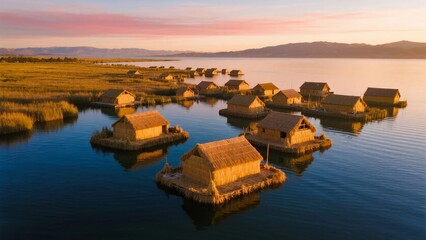 Floating reed houses on a calm lake at sunset with distant mountains and golden grasslands
