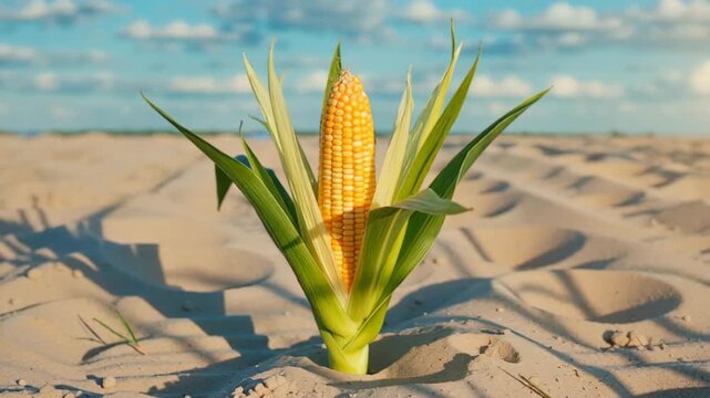 Close-up of a single corn plant with bright yellow kernels growing in sandy soil against a blue sky with fluffy clouds