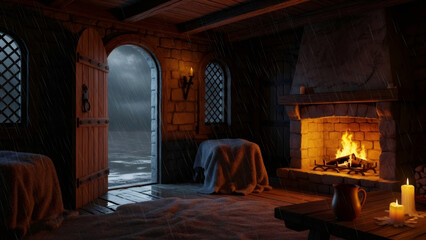 Cozy Medieval Room with Fireplace and Open Door to a Misty Landscape.