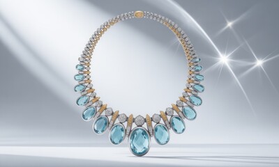 Obraz premium Gleaming jeweled necklace, aquamarine teardrops, diamond accents, gold, white background