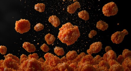 Golden, fried, bite-sized chicken pieces in mid-air against a black background