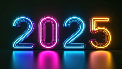 Bright neon 2025 glows with vibrant energy, perfect for New Year celebrations, futuristic designs, and modern technology promotions