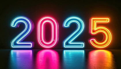 Bright neon 2025 sign glowing with vibrant colors, perfect for new year celebrations and futuristic designs, adding a touch of modern excitement