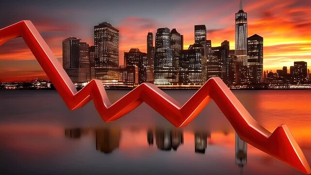 Red arrow descending over cityscape at sunset