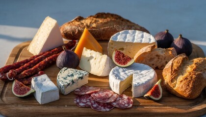 Artisanal Cheese and Cured Meat Platter with Fresh Figs and Crusty Bread Bathed in Warm Sunlight on a Rustic Table
