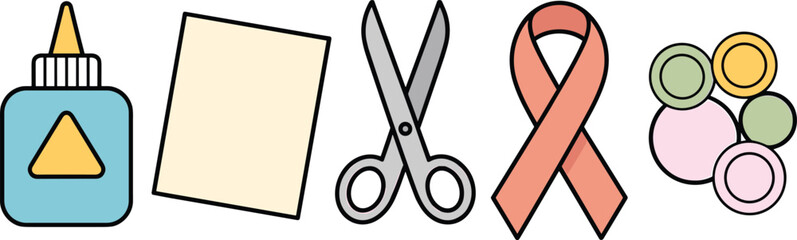 Flat illustration of craft supplies including glue, paper, scissors, buttons and awareness ribbon, creative DIY materials for handmade projects and support campaigns