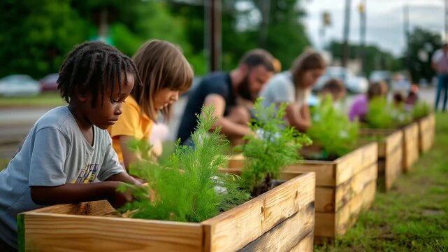 Children adults working, community tree planting, breathing life initiative, environmental restoration project, intergenerational cooperation display, neighborhood greening effort,
