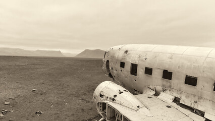 Aerial view of United States Navy DC plane wreck on the black beach at Solheimasandur