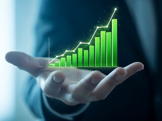 Green bar graph and line chart ascending on open hand palm holding