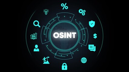 OSINT digital interface with surrounding icons on a dark futuristic background OSINT open source intelligence - Powered by Adobe