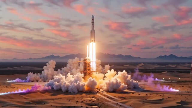 A stunning rocket launch against a colorful sunset sky, surrounded by clouds and smoke, showcasing technological advancement and human achievement