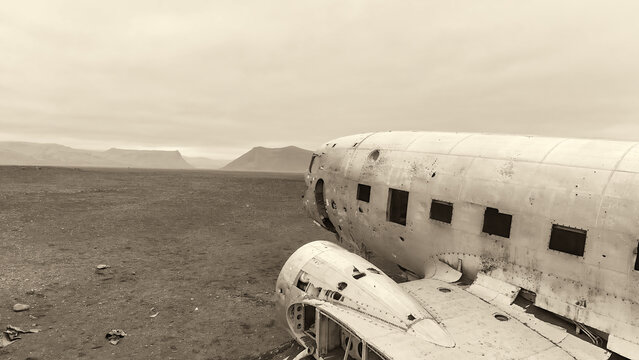 Aerial view of United States Navy DC plane wreck on the black beach at Solheimasandur