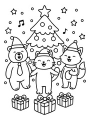 ​Christmas animals, bold and easy christmas coloring page for kids, cute animals caroling by a Christmas tree with wrapped presents in the foreground., children and gifts, vector image