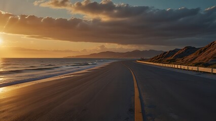Fototapeta premium Empty Seaside Highway Winding Beside Water Under Light
