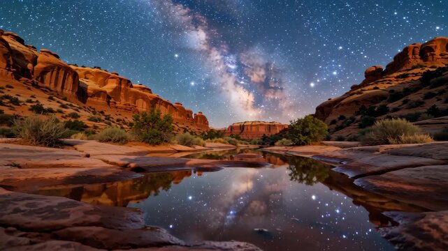 Stunning night sky with Milky Way reflections in a calm water pool surrounded by rocky terrain in a desert landscape