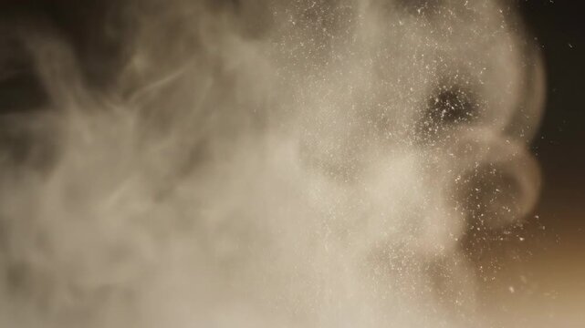 Ultra slow motion fine white powder dissipating and dissolving into nothingness like weightless ethereal dust falling through a soft light gradient slow motion, peaceful, inspiration