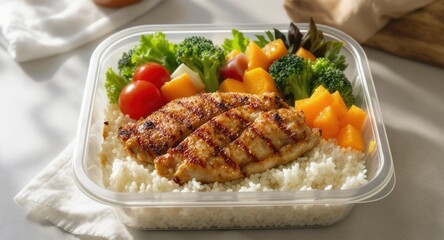 Healthy pre-packaged meal features grilled chicken, rice, vegetables, and fruit