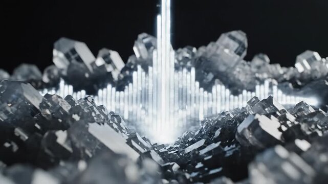 Ultra slow motion macro capture of intricate light gray crystalline structures vibrating and oscillating to form complex frequency patterns in a sound wave technology, oscillation, concept