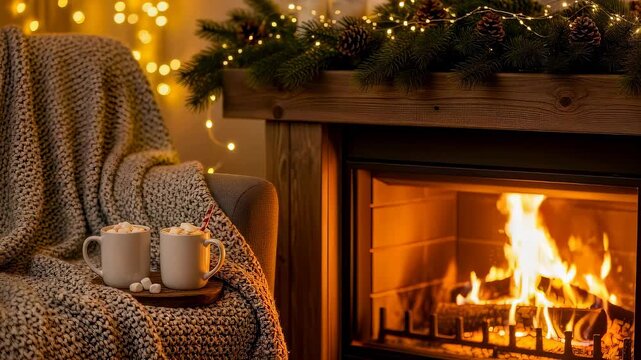 Christmas evening scene with two warm mugs of cocoa and crackling fireplace, cozy holiday decor for festive background.