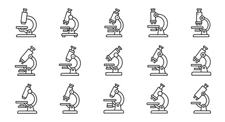 Set of fifteen microscope icons in clean line art style for science and research