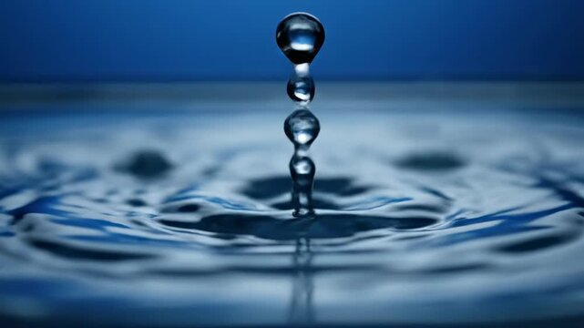 Ultra slow motion macro shot of a perfect water drop impacting the liquid surface creating circular ripple resonance patterns movement, cinematic, purity