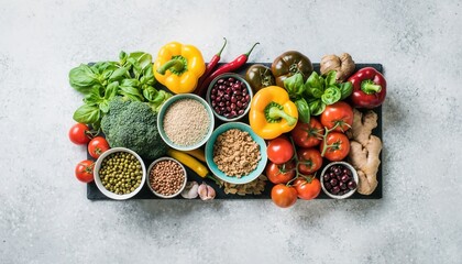 Assortment Of Vibrant Vegan Ingredients Artfully Arranged On A Slate Board Illuminated By Soft Natural Light Creating A Modern Minimalist Aesthetic