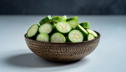 Bowl of Sliced Cucumbers in a Rustic Bowl on a Light Gray Surface with a Dark Gray Textured Background and Soft Lighting