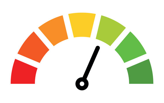 Speedometer gauge illustration showing performance level from red to green. Vibrant semicircle meter with gradient colors representing rating scale, progress indicator, efficiency, assessment concept