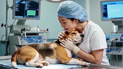Veterinarian in blue scrub suit gently examines adorable dog lying on table in hospital room, highlighting the importance of animal health and wellness, perfect for backgrounds or advertisements.