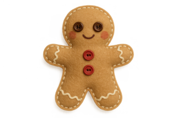 Felt gingerbread man craft with button eyes and decorative stitching, celebrating christmas holidays, transparent background