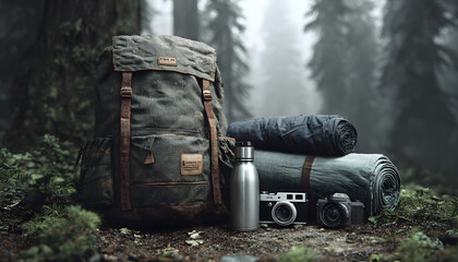 Close up photo shows essential hiking camping gear. Backpacks sleeping bags water bottle cameras lay on the ground. Background features misty forest terrain adventure equipment.