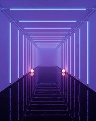 Obraz premium Futuristic Neon Corridor With Spherical Lights and Reflective Floor