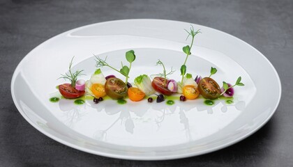 Elegant Gourmet Plating of Fresh Tomatoes and Microgreens on a White Plate with Subtle Green Drizzle and Edible Flowers in a Studio Setting