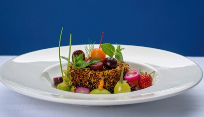 Exotic Culinary Dish With Vibrant Ingredients And Colorful Garnishes Presented Artfully On A White Plate With Blue Background Soft Studio Lighting