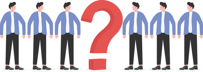 Isometric group of businessmen around a huge question mark,

