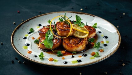 Exotic Grilled Seafood Plate with Fresh Herbs Citrus Zest and Glistening Glaze Dark Dramatic Lighting on a Textured Surface