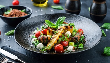 Exquisite Gourmet Salad With Grilled Pineapple Cherry Tomatoes Mozzarella And Fresh Basil Garnished With Sesame Seeds And Balsamic Glaze On A Dark Plate With Coarse Salt Scattered Around