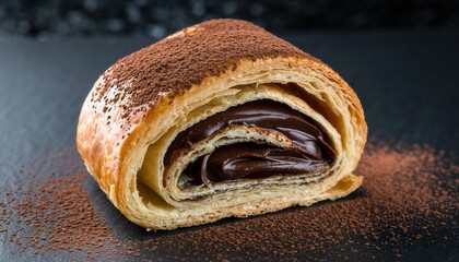 Golden Brown Flaky Artisanal Pastry With Rich Chocolate Filling Dusted With Cocoa Powder On A Dark Textured Background