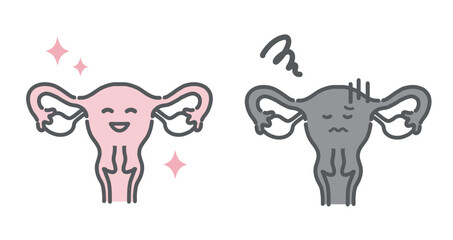 健康な子宮と不調な子宮の比較イラスト（キャラクター・対比）